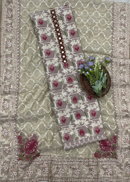 Ckc 168 Jamdani White With Pink Suit Fabric / CKC Jamdani Suits