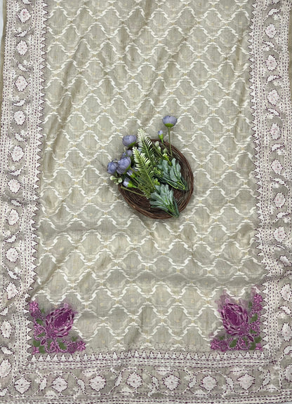 Ckc 167 Jamdani White With Purple Suit Fabric / CKC Jamdani Suits