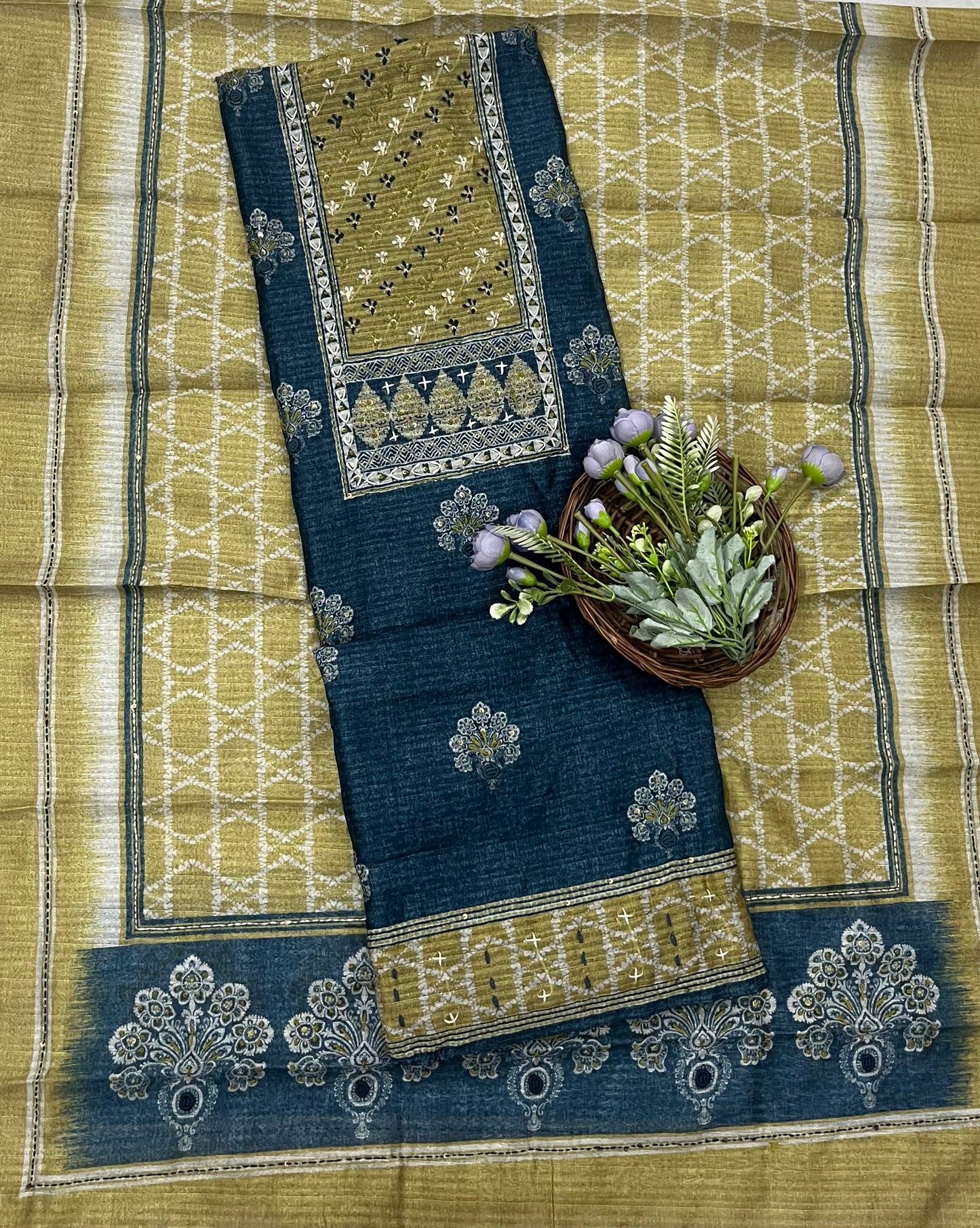 216 Jamdani Navy With Green Suit Fabric / CKC Jamdani Suits