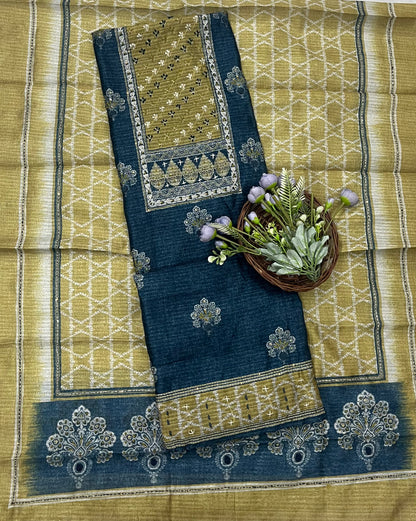216 Jamdani Navy With Green Suit Fabric / CKC Jamdani Suits