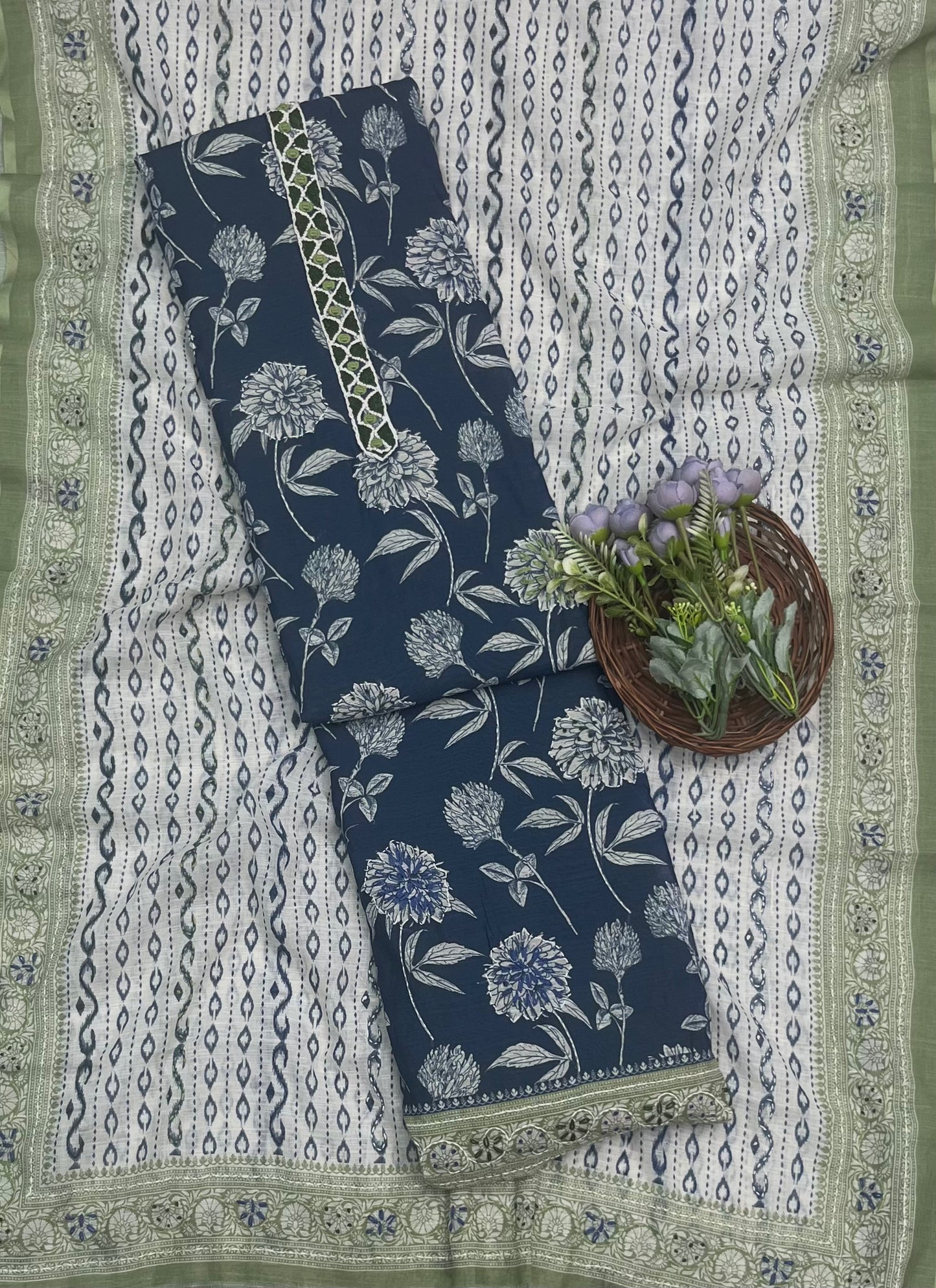 Ckc 278 Jamdani Navy With Green Suit Fabric / CKC Jamdani Suits