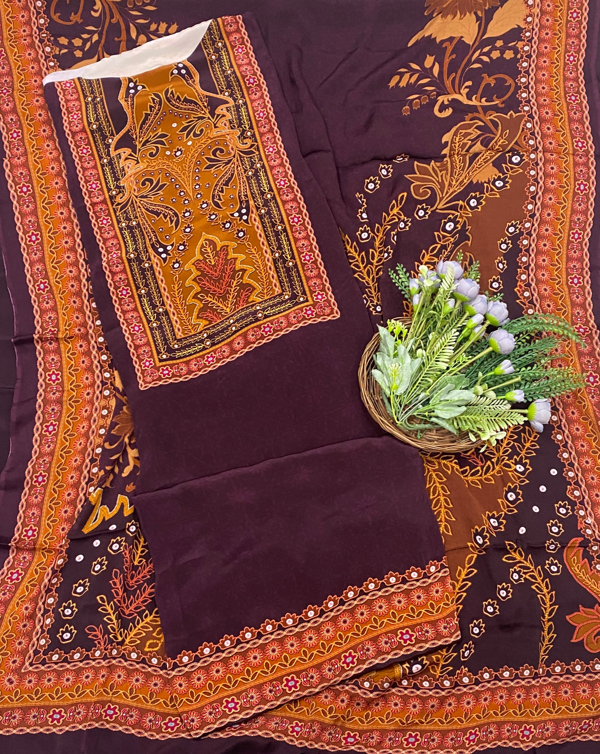 144C Crepe Wine With Mustard Suit Fabric / CKC Crepe Suits