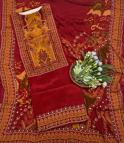 142C Crepe Red With Mustard Suit Fabric / CKC Crepe Suits