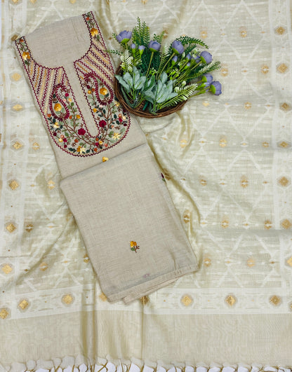 155C Mul Jamdani Beige suit Fabric / CKC Mul Cotton