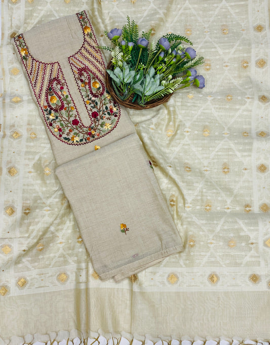 155C Mul Jamdani Beige suit Fabric / CKC Mul Cotton