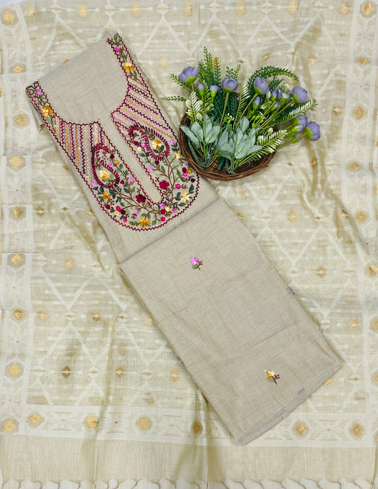 157C Mul Jamdani Beige suit Fabric / CKC Mul Cotton