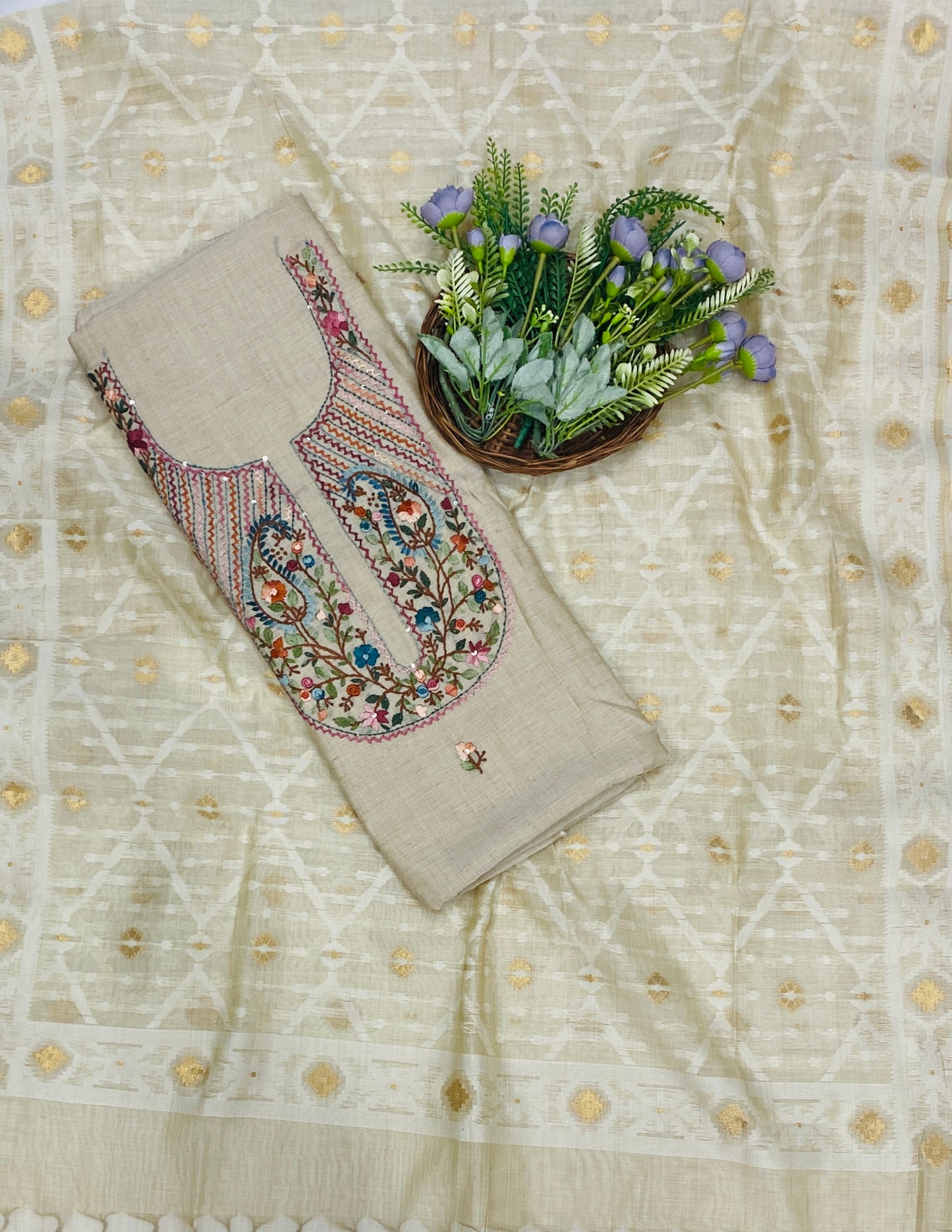 156C Mul Jamdani Beige suit Fabric / CKC Mul Cotton
