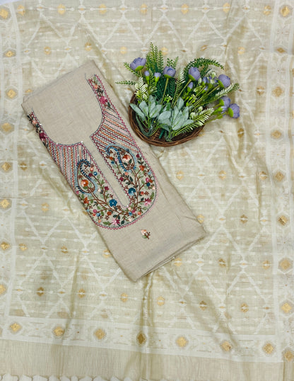 156C Mul Jamdani Beige suit Fabric / CKC Mul Cotton