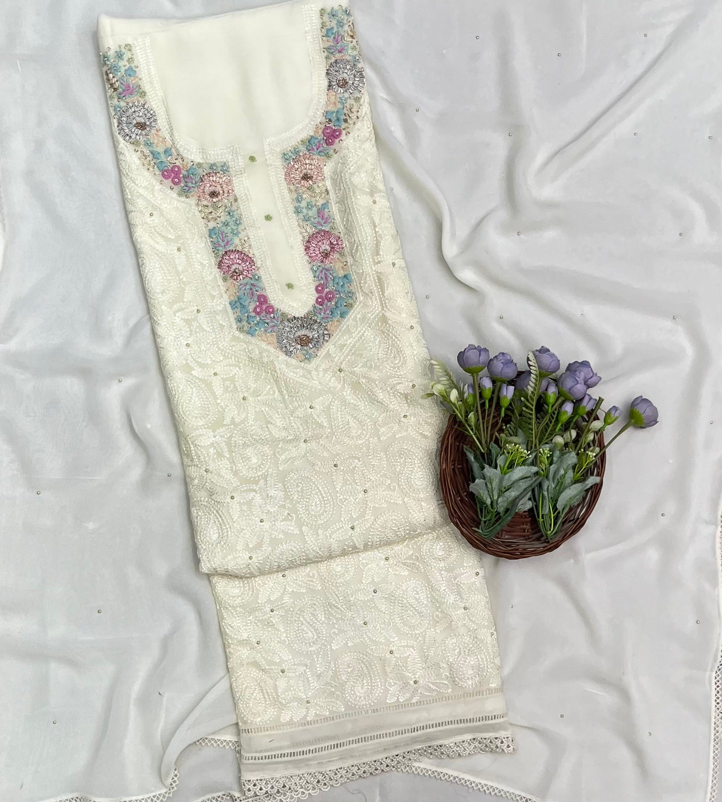 Ckc 121 Lakhnavi Georgette Light Cream Suit Fabric / CKC Lakhnavi Suits