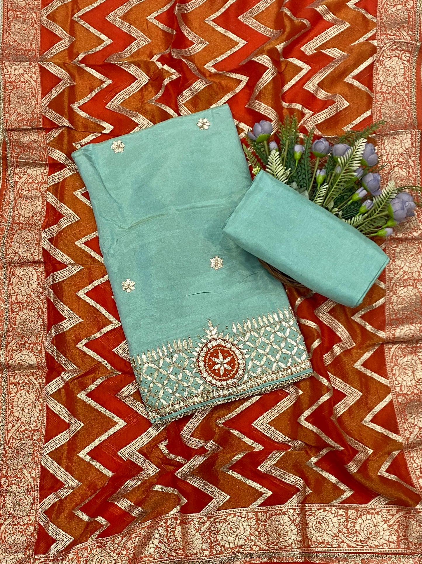 244C Silk Sea Blue With Orange  Suit Fabric / CKC Partywear Collection