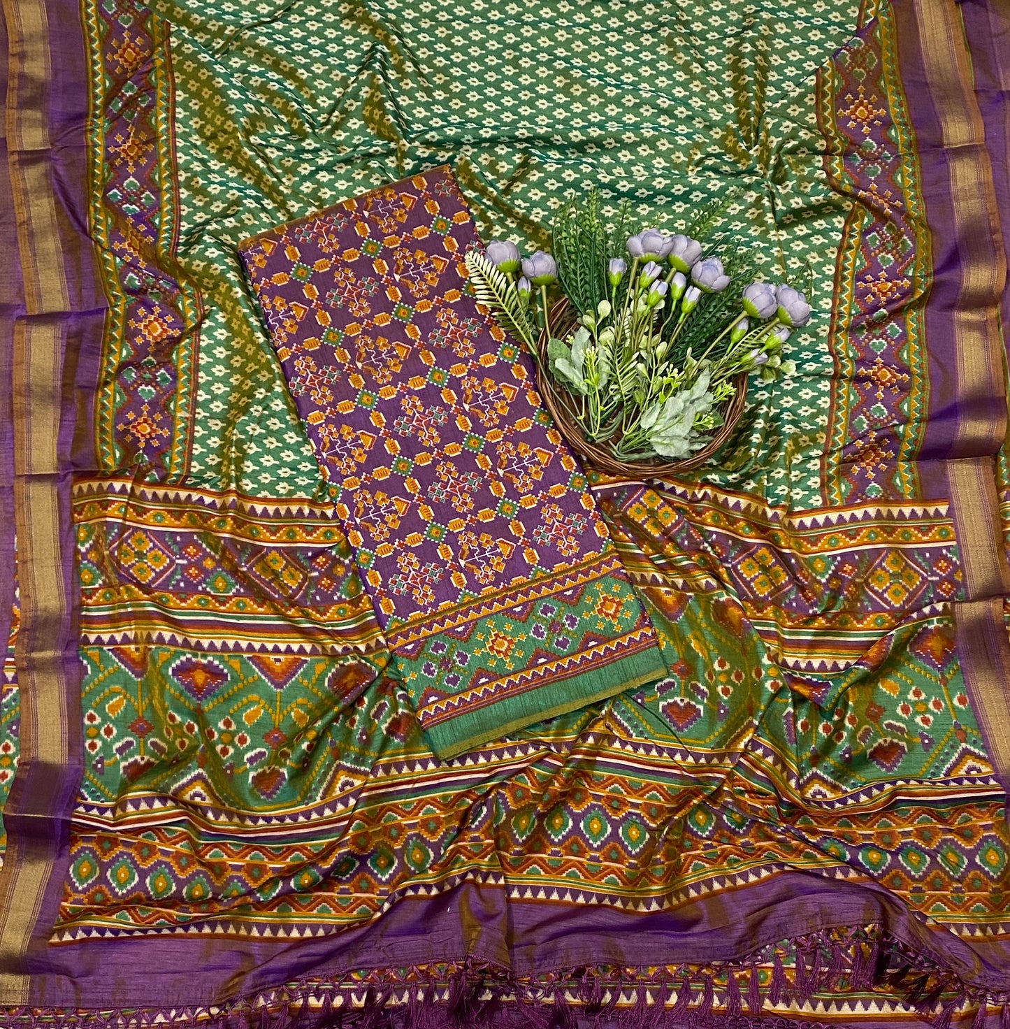 380C Patola Silk Purple With Green Suit Fabric / CKC Patola Silk Suit