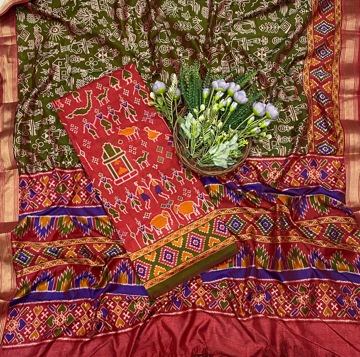 399C Patola Silk Red With Green  Suit Fabric / CKC Patola Silk Suits