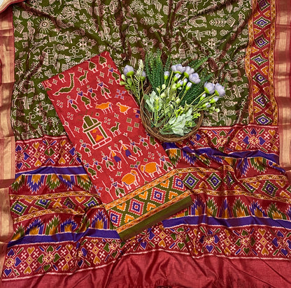399C Patola Silk Red With Green  Suit Fabric / CKC Patola Silk Suits