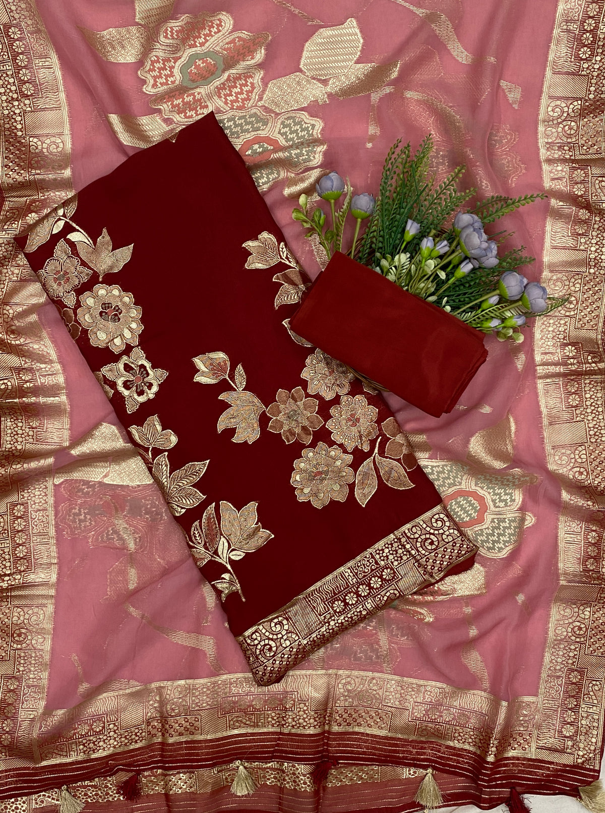 427C Dola Silk Dark Red With Pink Suit Fabric/ CKC Partywear Collection
