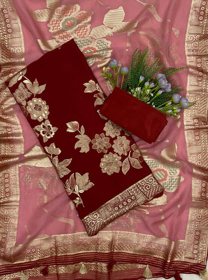 427C Dola Silk Dark Red With Pink Suit Fabric/ CKC Partywear Collection