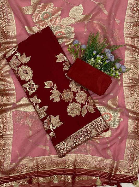 427C Dola Silk Dark Red With Pink Suit Fabric/ CKC Partywear Collection