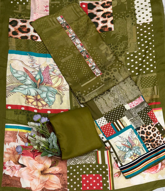 Pashmina Print Mehndi Green Suit Fabric / CKC Winter Suits