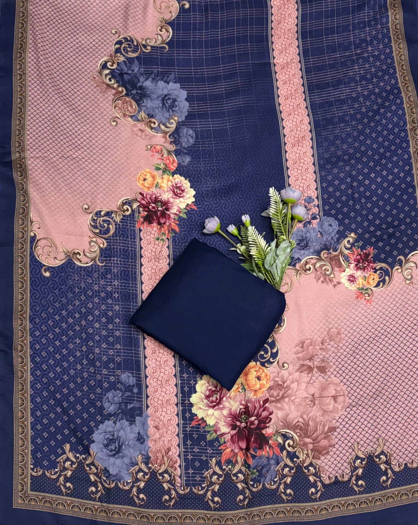 Pashmina Print Powder Pink With Navy Blue Suit Fabric / CKC Winter Suits