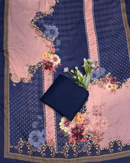 Pashmina Print Powder Pink With Navy Blue Suit Fabric / CKC Winter Suits
