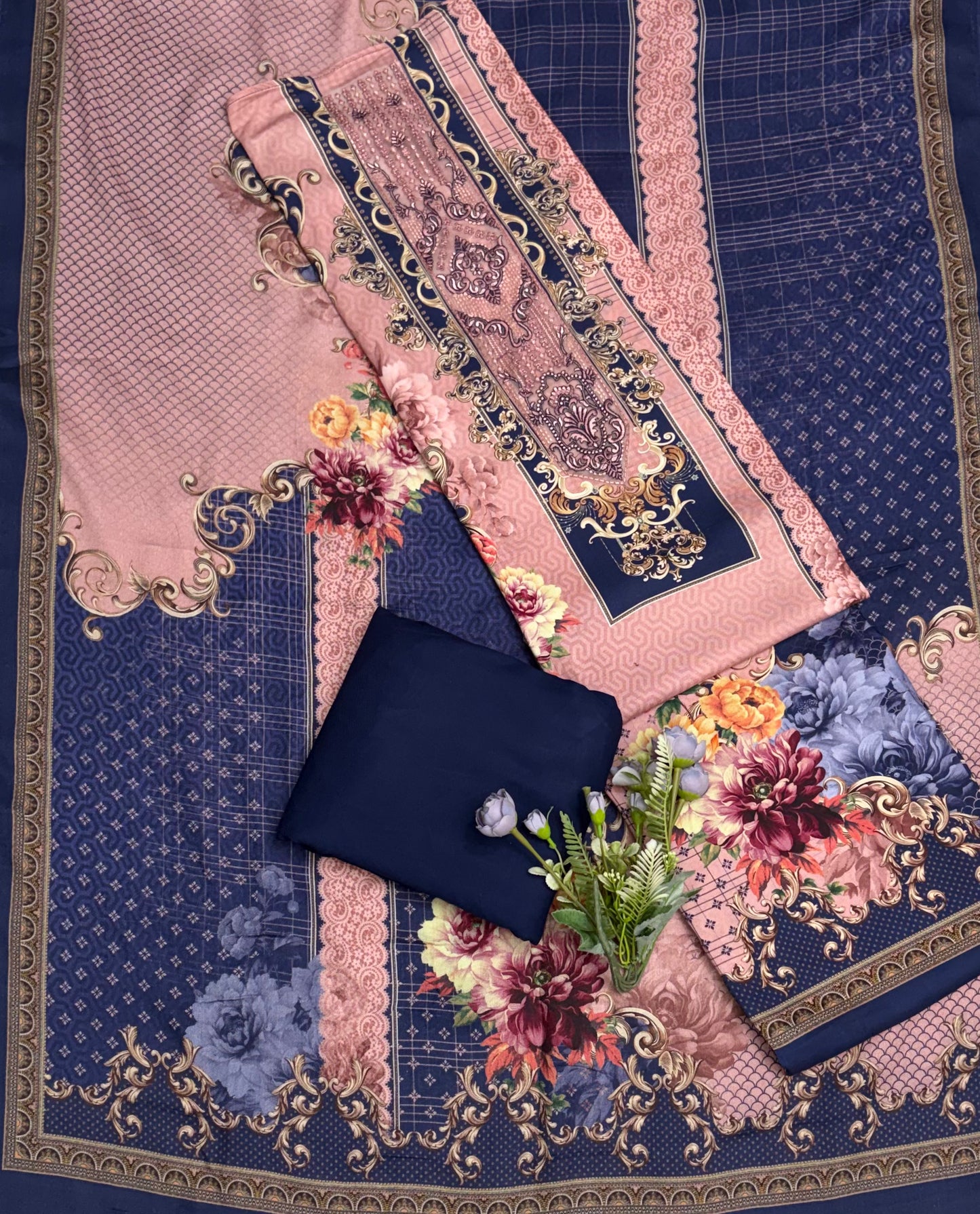 Pashmina Print Powder Pink With Navy Blue Suit Fabric / CKC Winter Suits