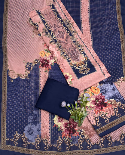 Pashmina Print Powder Pink With Navy Blue Suit Fabric / CKC Winter Suits