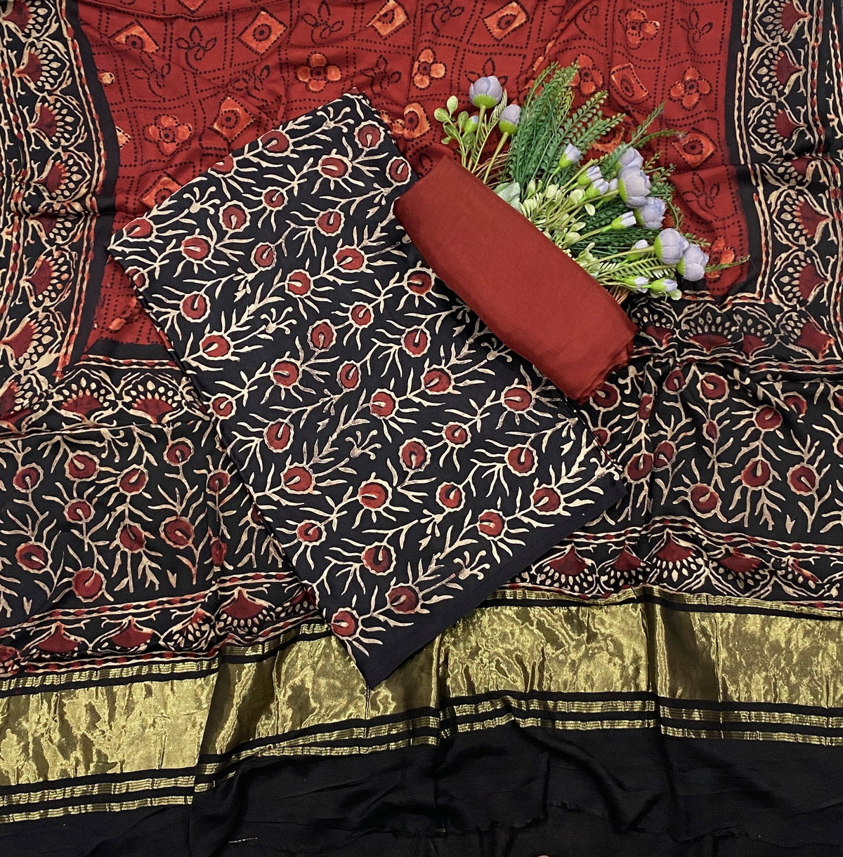 418C Gajji Silk Black With Red Suit Fabric / CKC Jaipuri Suits