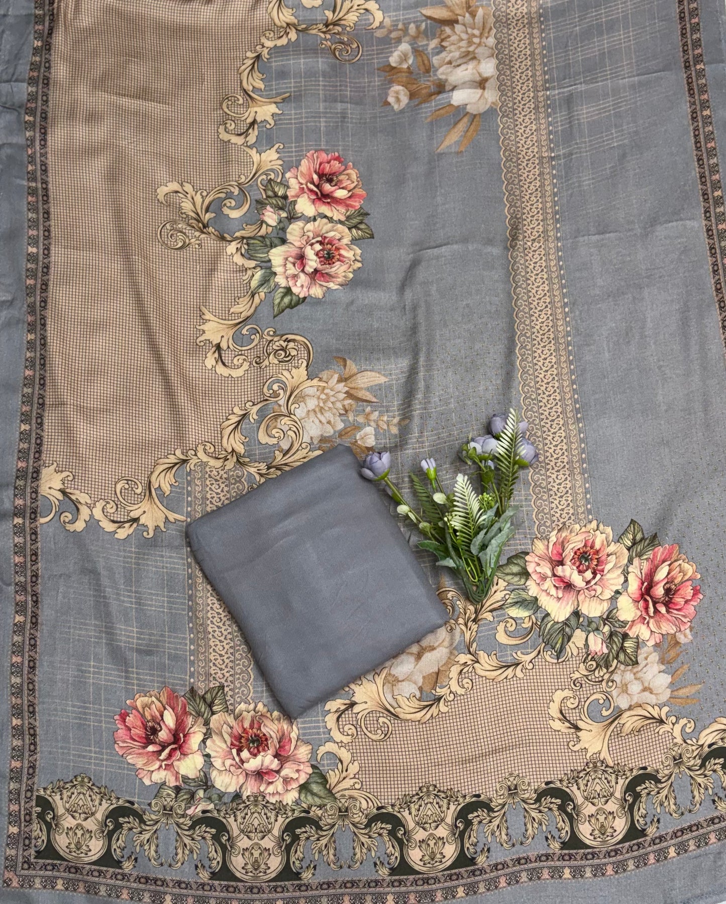 Pashmina Print Beige With Grey Suit Fabric / CKC Winter Suits