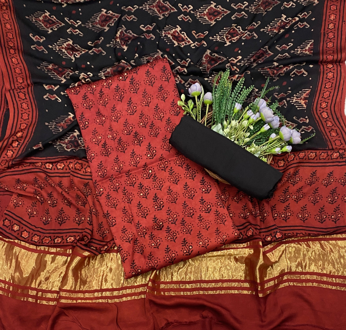 417C Gajji Silk Red With Black Suit Fabric / CKC Jaipuri Suits