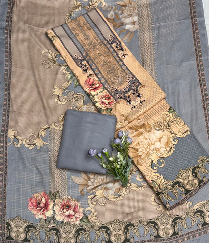Pashmina Print Beige With Grey Suit Fabric / CKC Winter Suits
