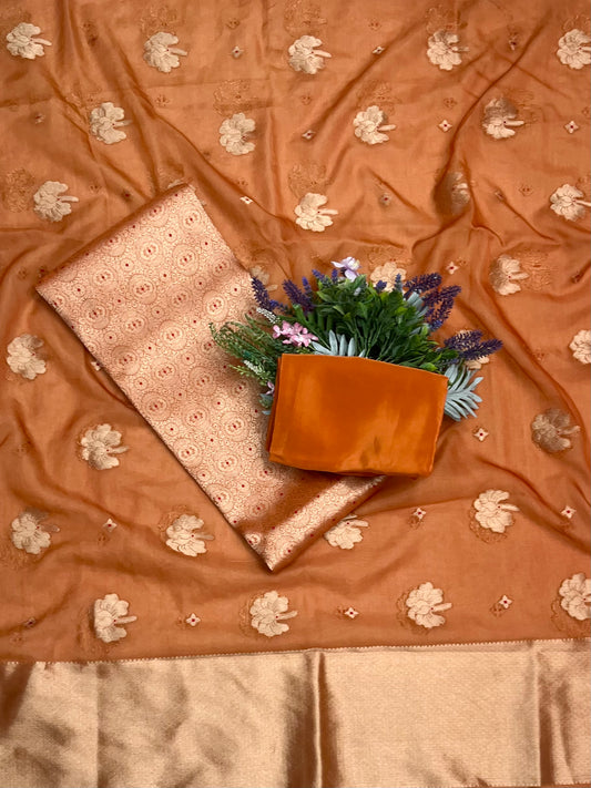 CKC 329 Brocade Banarasi Crepe Rust Orange Suit Fabric / CKC Banarasi Edit