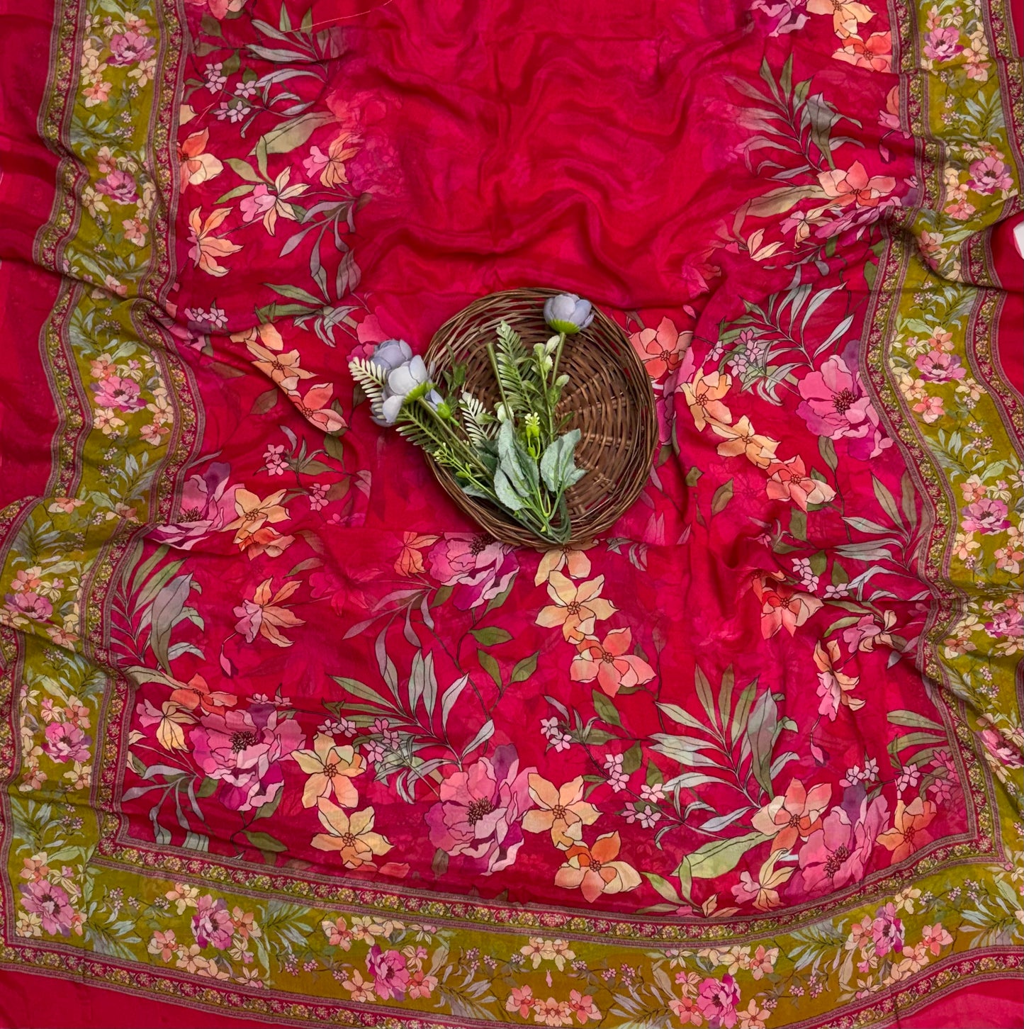223B Crepe Red With Mehndi Green Suit Fabric / Crepe Suits