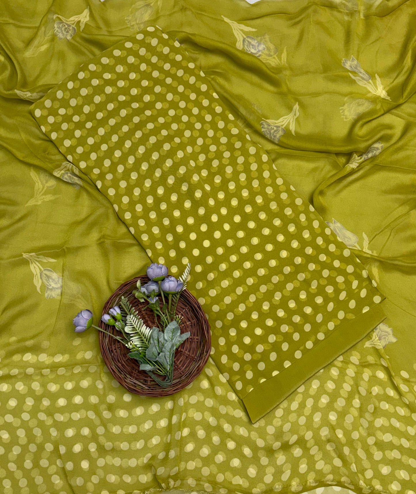207C  Georgette Polka Dot Mehndi Green Suit Fabric / Polka Story