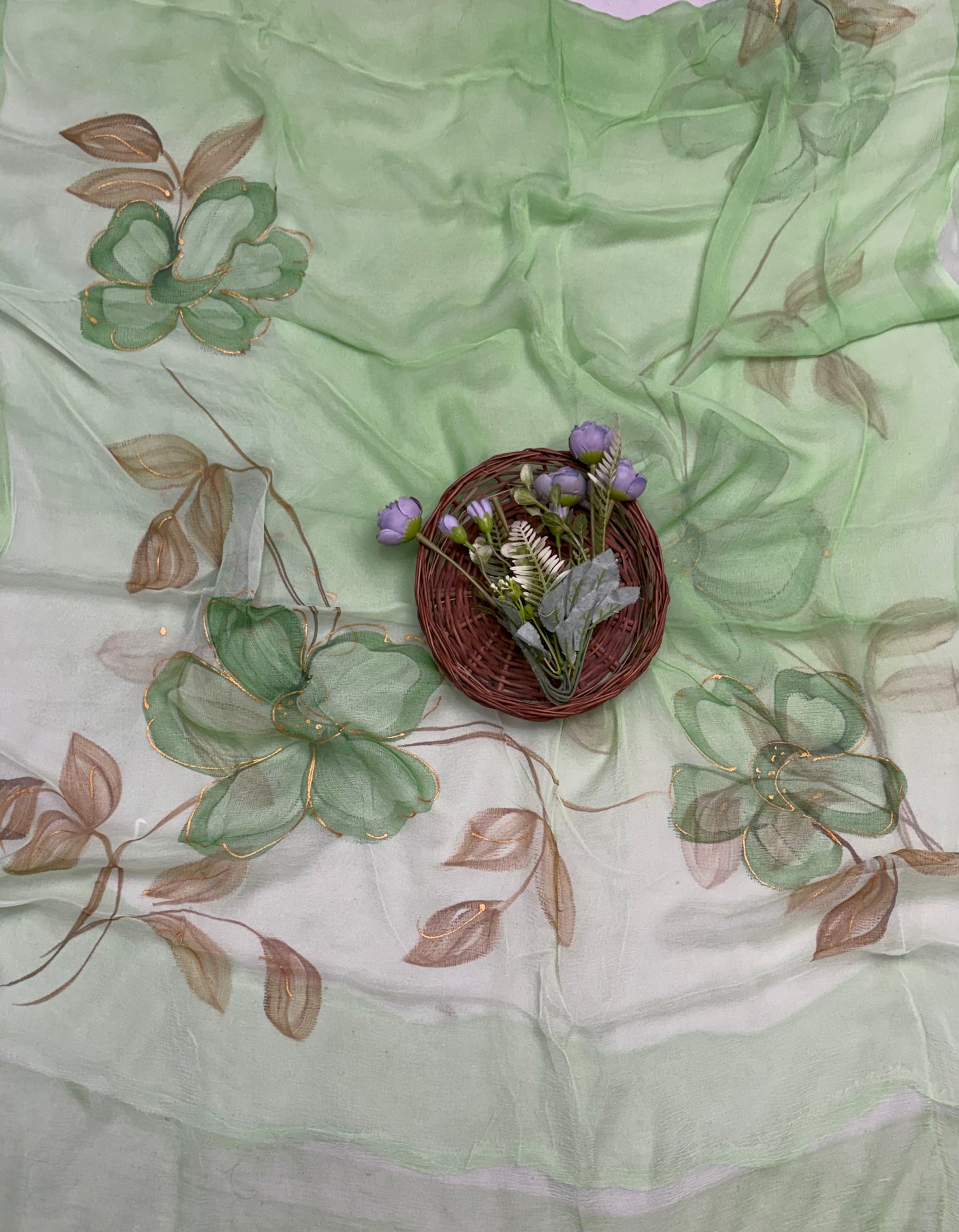 245A Mal Chanderi Green Suit Fabric/ CKC Hand Painted Suits