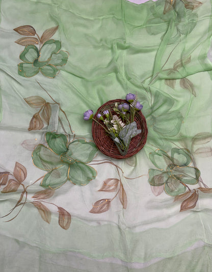 245A Mal Chanderi Green Suit Fabric/ CKC Hand Painted Suits