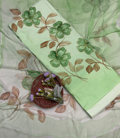 245A Mal Chanderi Green Suit Fabric/ CKC Hand Painted Suits