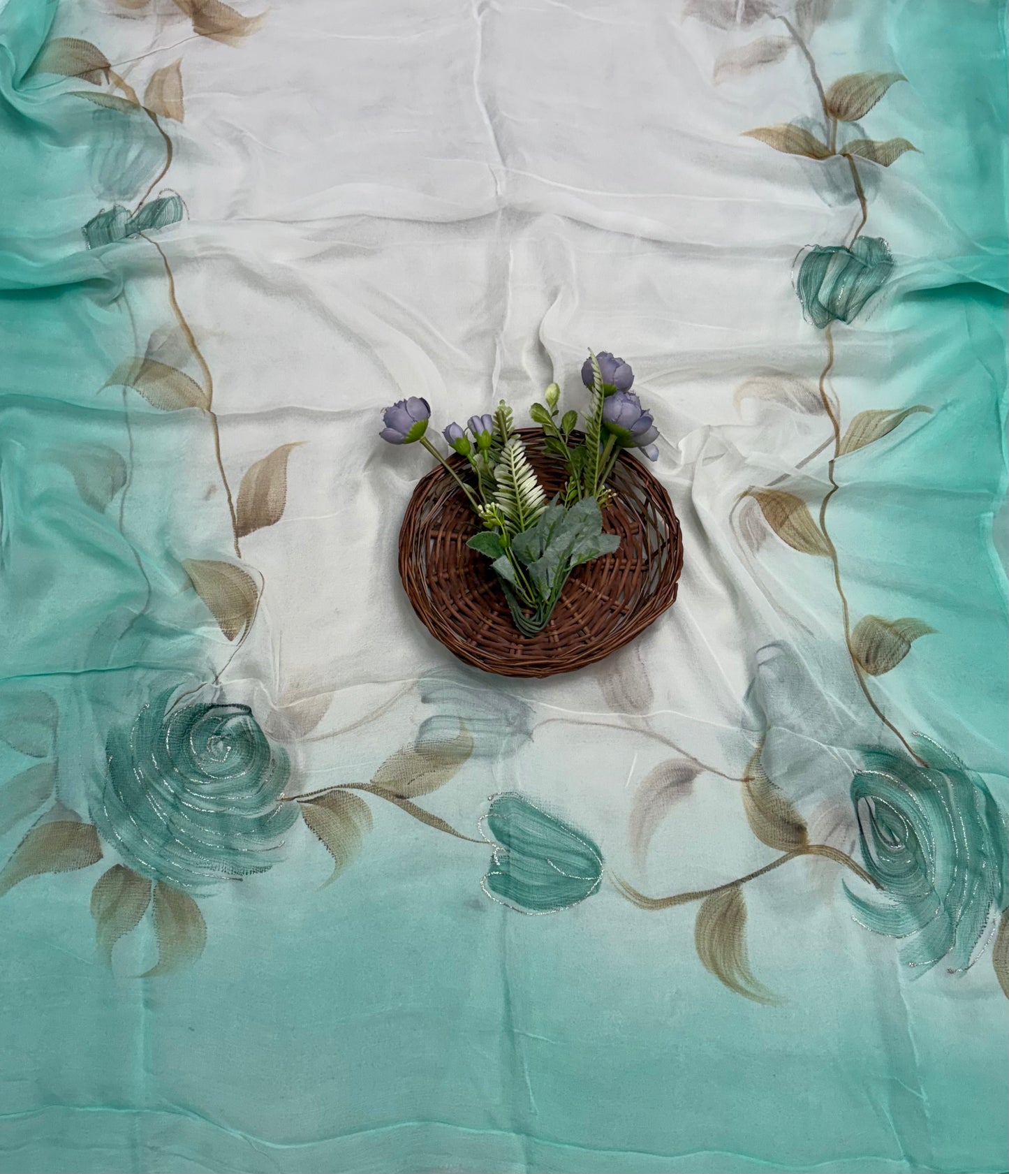 242A Mal Chanderi Sea Green Suit Fabric/ CKC Hand Painted Suits
