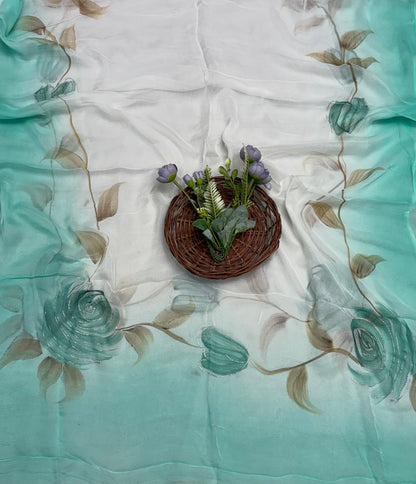 242A Mal Chanderi Sea Green Suit Fabric/ CKC Hand Painted Suits