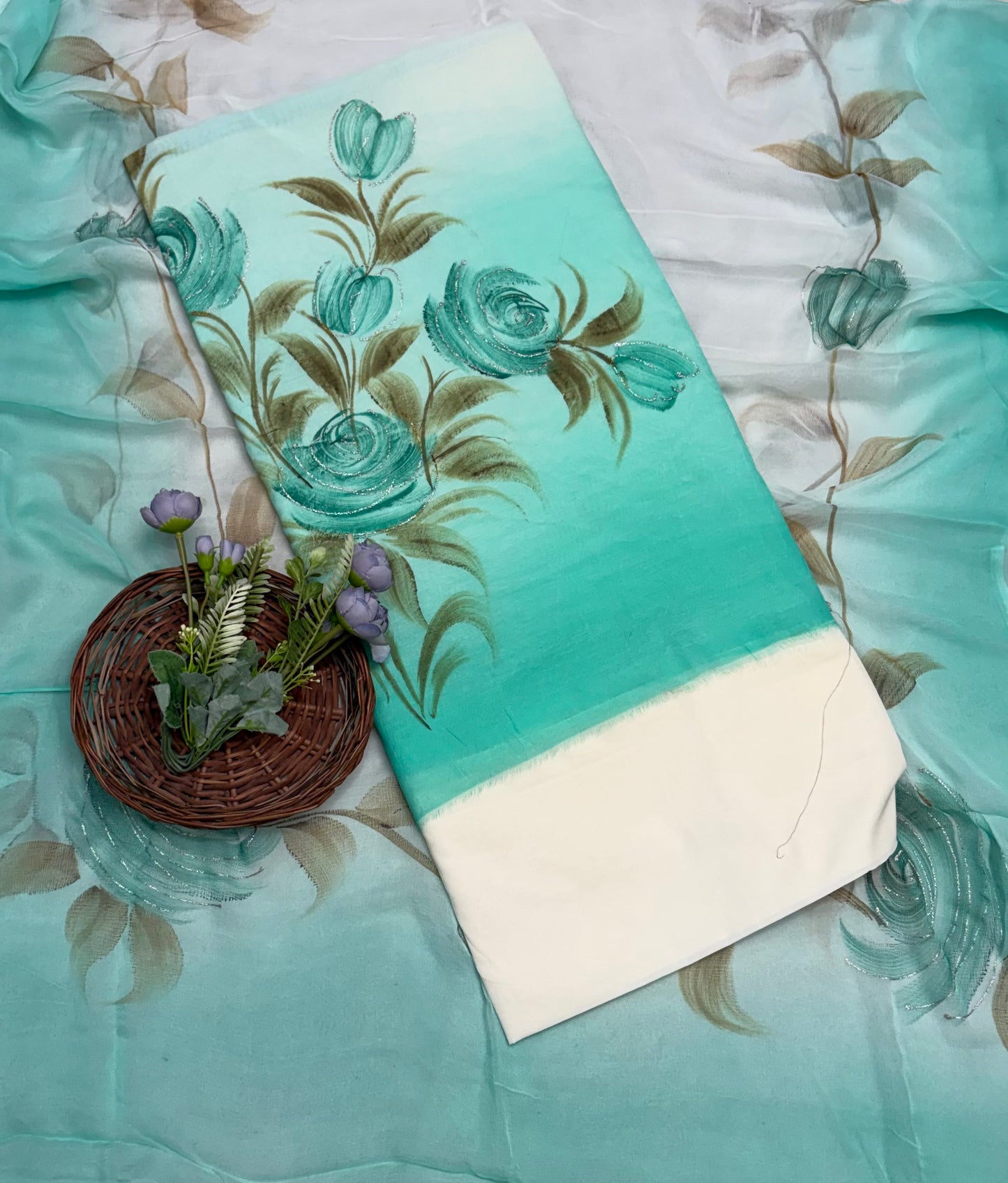 242A Mal Chanderi Sea Green Suit Fabric/ CKC Hand Painted Suits