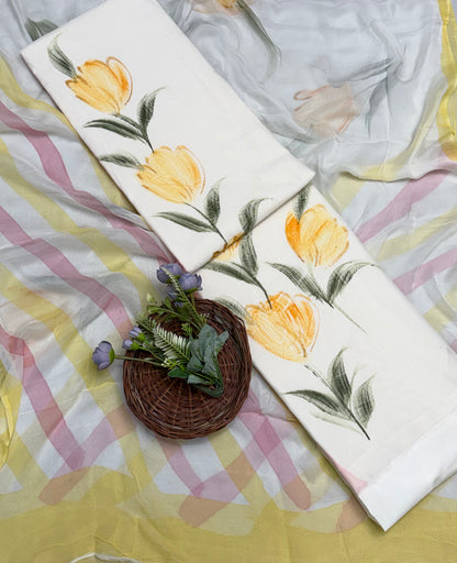 260A Mal Chanderi Yellow Suit Fabric/ CKC Hand Painted Suits