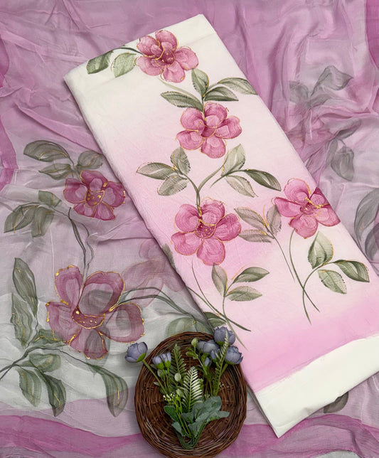 245A Mal Chanderi Pink Suit Fabric/ CKC Hand Painted Suits