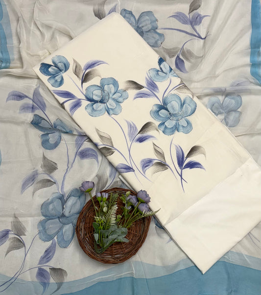 244A Mal Chanderi White With Blue Suit Fabric/ CKC Hand Painted Suits