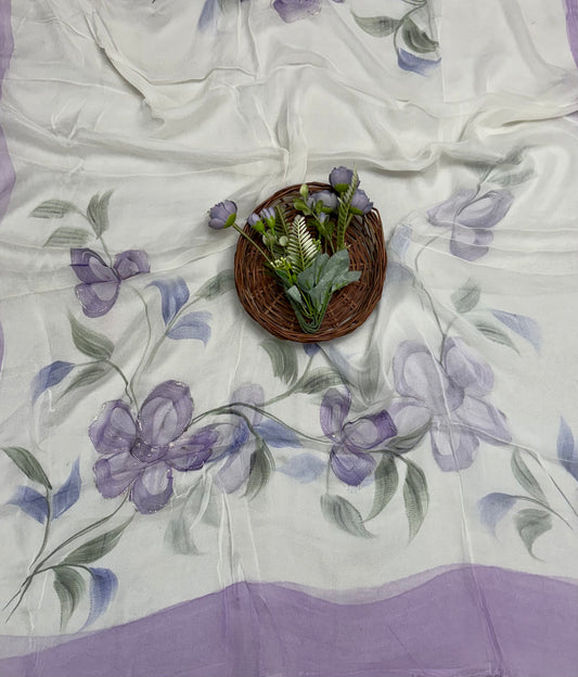 240A Mul Chanderi White With Lilac Suit Fabric/ CKC Hand Painted Suits