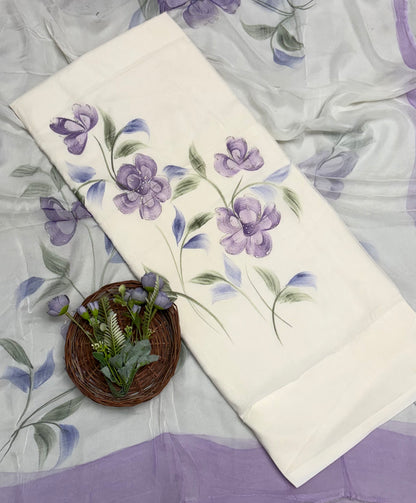 240A Mul Chanderi White With Lilac Suit Fabric/ CKC Hand Painted Suits