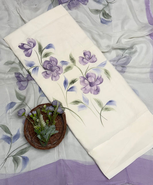 240A Mul Chanderi White With Lilac Suit Fabric/ CKC Hand Painted Suits