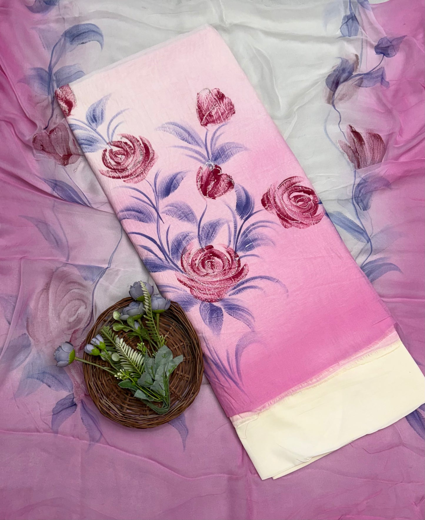 243A Mal Chanderi Pink Suit Fabric/ CKC Hand Painted Suits