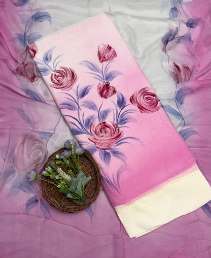 243A Mal Chanderi Pink Suit Fabric/ CKC Hand Painted Suits