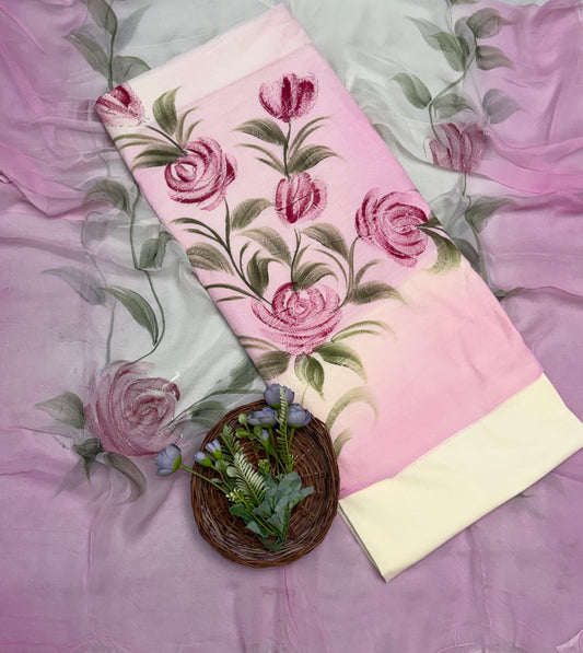 241A Mal Chanderi Pink Suit Fabric/ CKC Hand Painted Suits