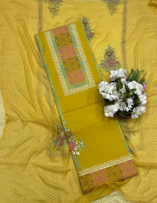 चिनॉन क्रेप ग्रे सूट फैब्रिक / फूलों का घर