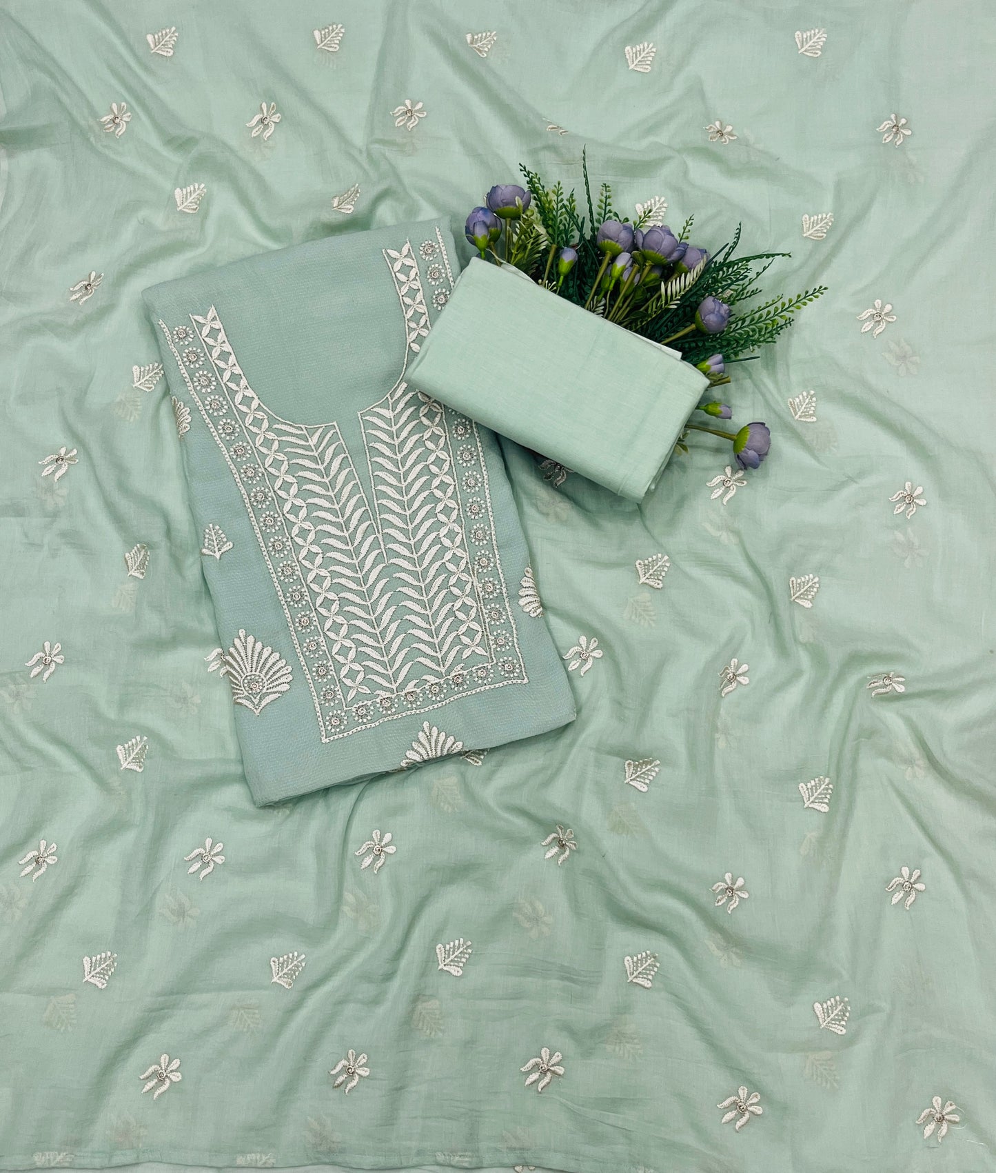 746B Mul Cotton Sage Green Color Suit Fabric / CKC Mul Cotton