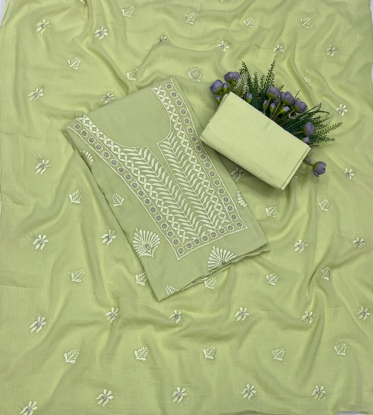 474B Mul Cotton Pista Green Color Suit Fabric / CKC Mul Cotton
